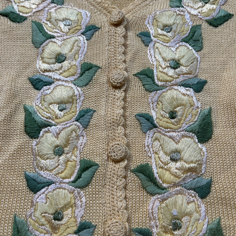 Vintage Yellow Cotton Cardigan Floral Embroidery Short Sleeve Cottagecore S - Picture 4 of 9